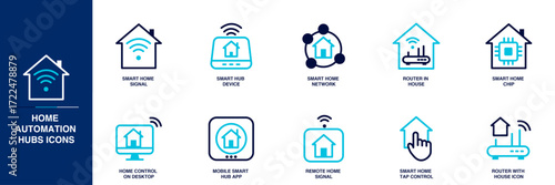 Home Automation Hubs Blue Colored Outline Icon Set