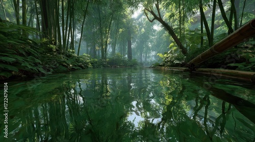 Wallpaper Mural Serene, misty forest stream reflecting lush greenery. Torontodigital.ca