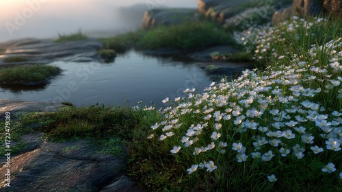 Wallpaper Mural Misty morning scene with wildflowers near a rock pool. Torontodigital.ca