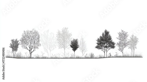 Architectural Drawings, Minimal style cad tree line drawing, Side view, set of section wetland forest outline for landscape design drawing Vector illustration in seperate element