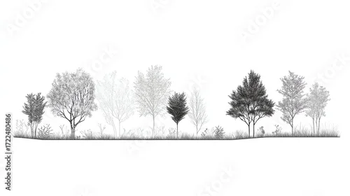 Fototapeta Architectural Drawings, Minimal style cad tree line drawing, Side view, set of section wetland forest outline for landscape design drawing Vector illustration in seperate element