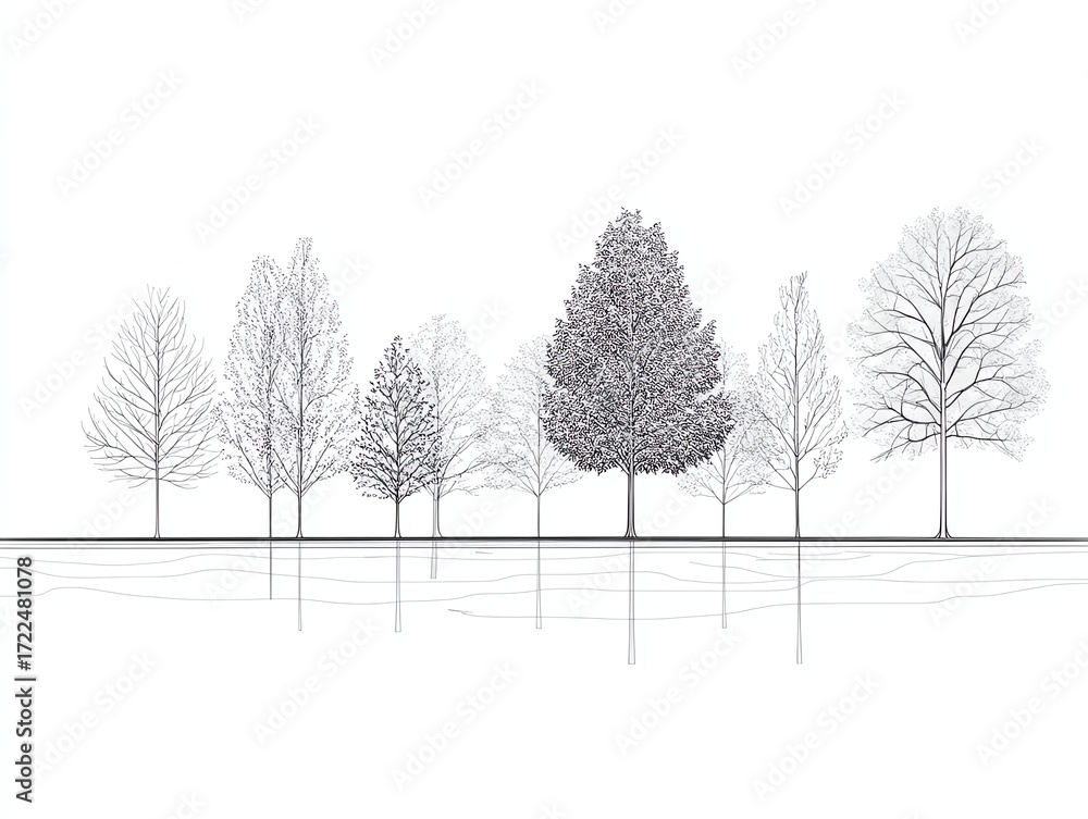 Fototapeta premium Architectural Drawings, Minimal style cad tree line drawing, Side view, set of section wetland forest outline for landscape design drawing Vector illustration in seperate element