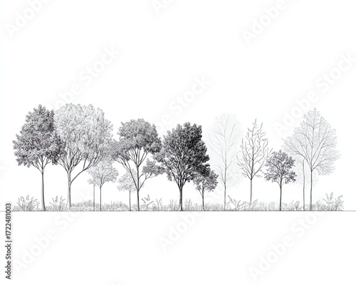 Architectural Drawings, Minimal style cad tree line drawing, Side view, set of section wetland forest outline for landscape design drawing Vector illustration in seperate element