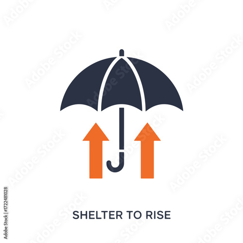 Creative flat vector icon — Flat vector 2D design umbrella arrows icon with quote Shelter to Rise