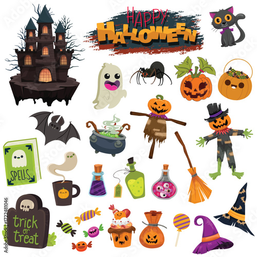 The Halloween Sticker Bundle collection features cute yet spooky illustrations such as: orange haunted castle, ghost, pumpkin, Batman, poison bottle, witch hat and more. All designed in sharp vector f