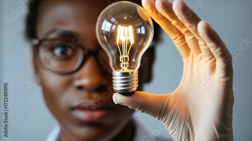 an african american woman scientist, showing light bulb