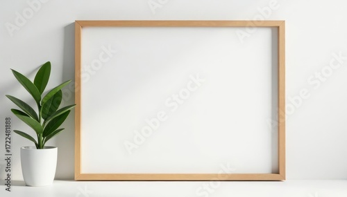 Clean wooden frame mockup, white wallpaper backdrop Perfect for presentation , rustic, mockup