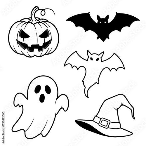 A spooky Halloween set featuring a sinister pumpkin, two flying bats, a floating ghost, and a crooked witch’s hat—classic icons with a playful, eerie twist.