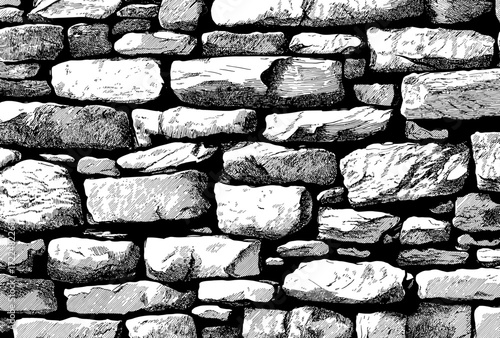 
Black and white vector drawing of a stone wall texture, seamless pattern.