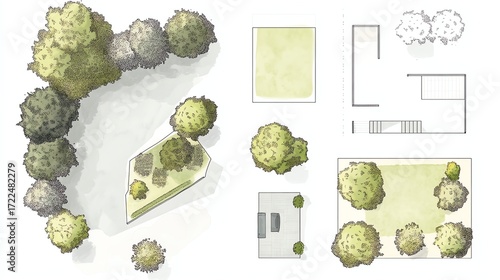 Architectural Drawings, plant vector in park out door illustration, top view, Minimal style hand drawn, set elements for architecture and landscape design