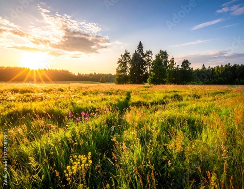 Sunrise over a vibrant meadow