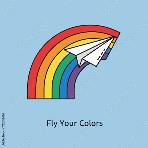 Creative flat vector icon — Flat vector 2D design rainbow airplane icon with quote Fly Your Colors
