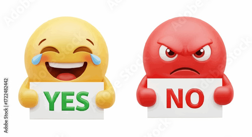 Two cartoon emojis, one yellow and laughing holding a sign with yes and the other red and angry holding a sign with no, isolated on white background