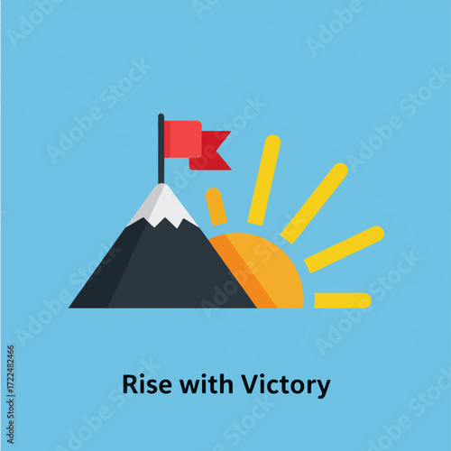 Creative flat vector icon — Flat vector 2D design mountain sun icon with quote Rise with Victory