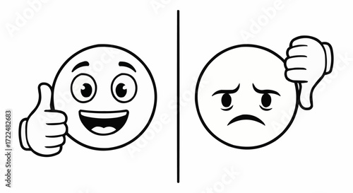 Expressive emoticons showing approval and disapproval with thumbs up and down for feedback surveys and polls, perfect for social media and user interfaces