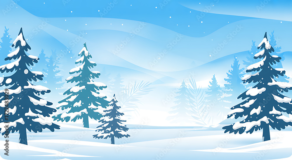 Obraz premium Snow covered evergreen trees in a serene winter landscape with distant mountains and soft blue light