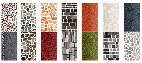 
Vector set of various mosaic patterns, pebbles, and bricks. Flat illustrations in muted colors, isolated on a white background.