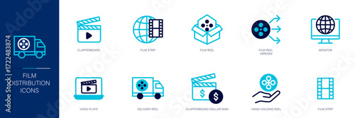 Film Distribution Blue Colored Outline Icon Set