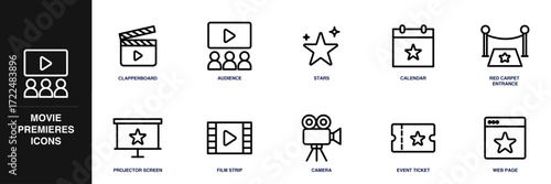 Movie Premieres Line Icon Set