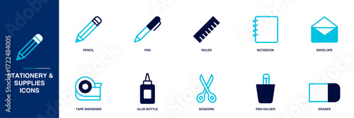 Stationery & Supplies Blue Colored Outline Icon Set