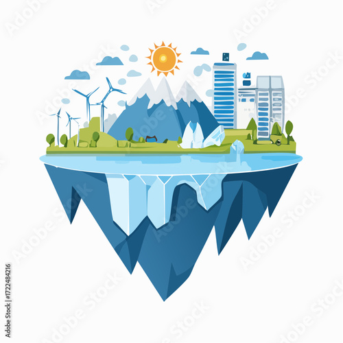 Sustainable floating island cityscape with wind turbines, mountains, buildings, and a lake, representing eco-friendly living and renewable energy