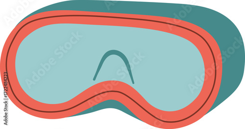 A cartoon illustration of a pair of blue and coral swimming goggles
