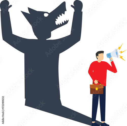 The shadow of a businessman holding a megaphone standing and shouting is a wolf

