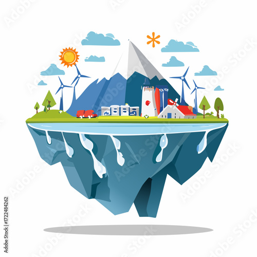 Vector illustration of a self-sufficient floating island ecosystem with renewable energy sources and clean industry