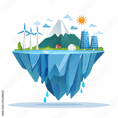 Green energy concept showcasing a floating eco island with windmills, solar power, and a melting base, symbolizing climate change awareness