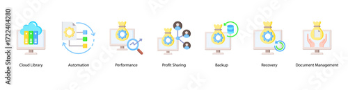 Cloud Efficiency web banner vector illustration featuring Cloud Library, Automation, Performance, Profit Sharing, Backup, Recovery, and Document Management.