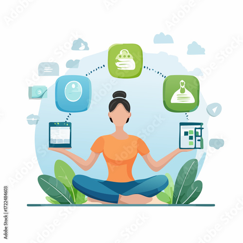 Vector illustration of a woman in a yoga pose, effortlessly managing digital tasks, finance, and media, symbolizing modern work-life balance
