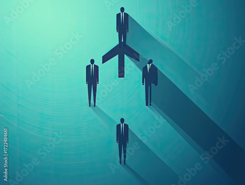 Four stylized business figures,  dark suits, light teal background,  long shadows,  central arrow shape