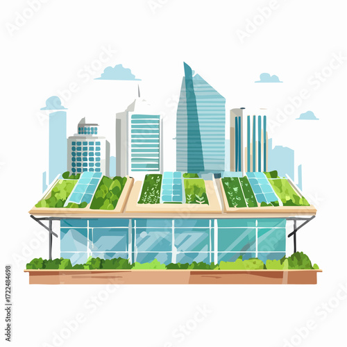 Modern urban architecture seamlessly blends sustainable design with lush green spaces and renewable energy, creating an innovative and balanced environment for future city living