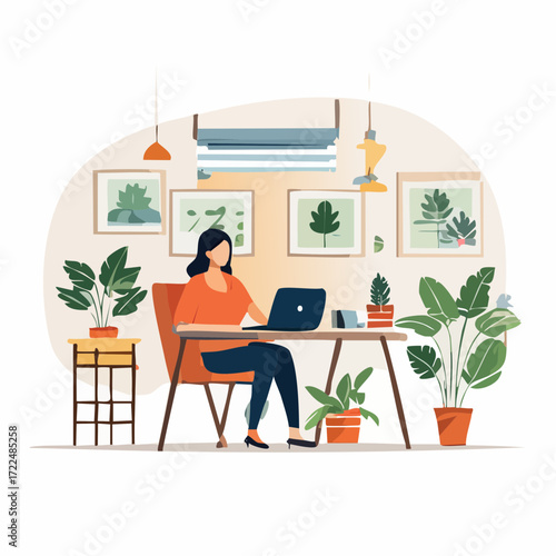 Woman working from home surrounded by plants, creative workspace, productivity, and remote work