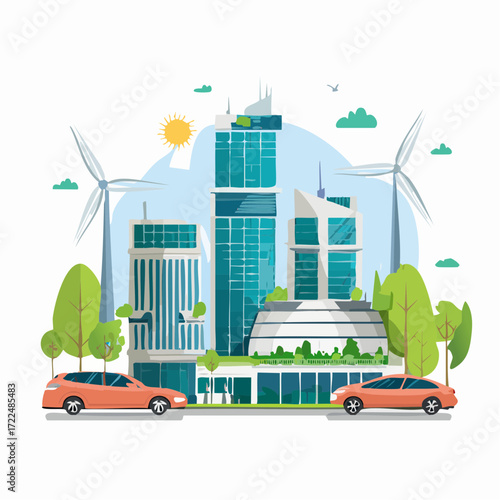 Vector illustration of a modern smart city powered by sustainable green energy. An eco-friendly urban landscape with skyscrapers, trees, and wind turbines