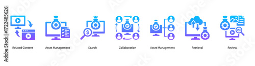Structured Retrieval Tools web banner vector illustration featuring Related Content, Asset Management, Search, Collaboration, Asset Management, Retrieval, and Review.