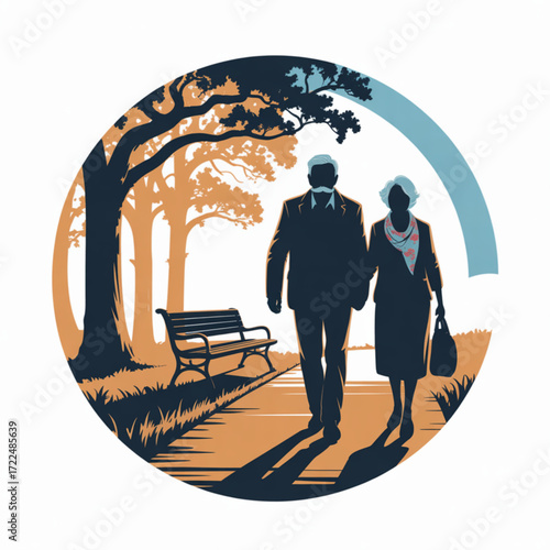An illustration of an elderly couple walking in a park with trees and a bench, the scene is framed within a circle