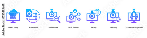 Cloud Efficiency web banner vector illustration featuring Cloud Library, Automation, Performance, Profit Sharing, Backup, Recovery, and Document Management.