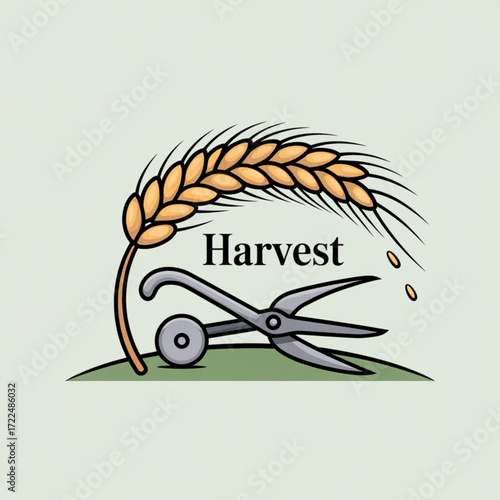 Illustration of wheat harvest with a pair of shears cutting the wheat stalk, symbolizing agriculture, farming, and the season of harvest