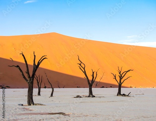 Sunrise over desert trees and dunes