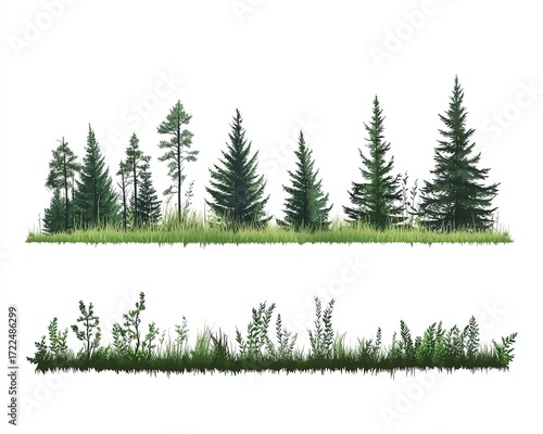 set of forest line cad, minimal isolated on white background Ground cover Illustration for elevation architectural element, side view, grass section Turf coating banners for edging