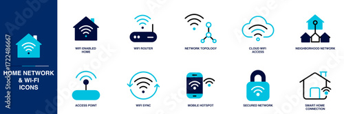 Home Network & Wi-Fi Blue Colored Outline Icon Set