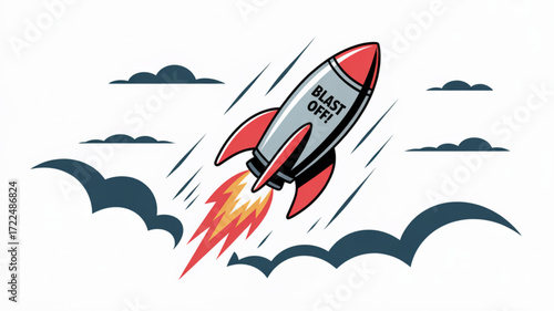 A cartoon rocket ship blasting off through the clouds, symbolizing a new business venture, innovation, or a creative project