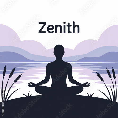 A silhouette of a person meditating in a lotus position by a lake at zenith the scene is serene, with mountains and reeds in the background