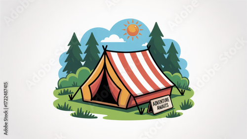 A charming camping scene featuring a red and white striped tent nestled among green trees, with a bright sun peeking through fluffy clouds