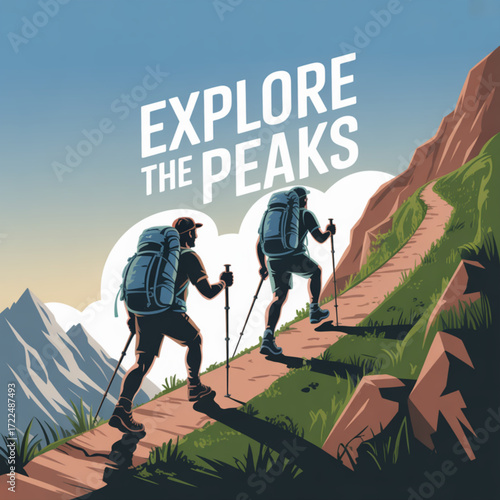 Two adventurous hikers ascend a mountain trail, backpacks strapped on, with the inspiring message explore the peaks above them
