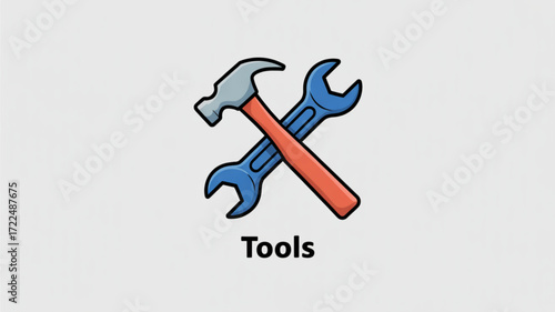 Illustration of crossed hammer and wrench tools with the word tools underneath, ideal for construction, repair, or handyman services