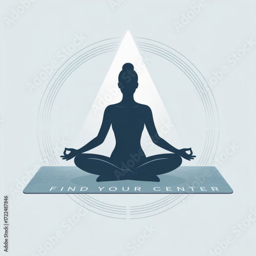 Silhouette of a woman meditating in lotus position with the words find your center on the mat, set against a geometric background design