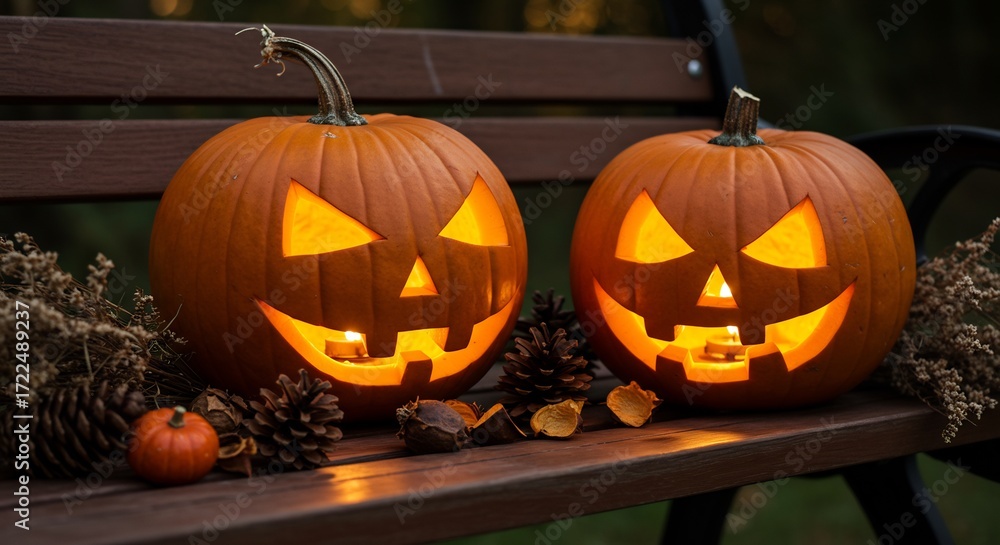 Fototapeta premium Two illuminated jackolanterns sit on a wooden bench surrounded by autumn decorations