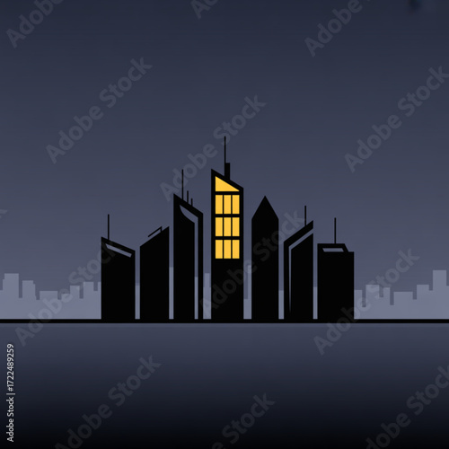 A dark cityscape silhouette with one brightly lit building, conveying a sense of urban life and highlighting architectural contrast